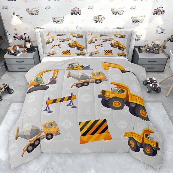 Feelyou Tractor Truck Bedding Comforter Set for Teen, Cartoon Excavator Twin Comforter Sets, Construction Vehicle Reversible Bedding Set, Luxury Bedroom Decor, 2-Piece
