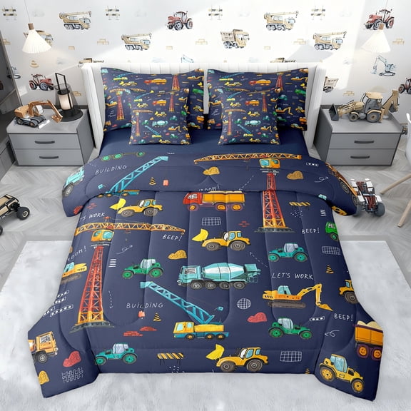 Feelyou Tractor Truck Twin Bedding Sets 7pcs, Construction Vehicle Bedding Comforter Set