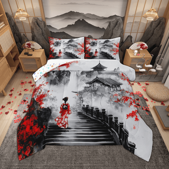 Feelyou Traditional Geisha Bedding Comforter Set, Oriental Japanese Twin Comforter Sets, Red Cherry Blossoms Bedding Set
