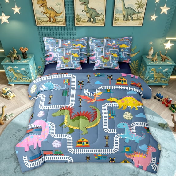 Feelyou Train Track Dinosaur Bedding Comforter Set for Kids Boys Girls, Railway Crossing Wildlife King Bedding Sets, Blue, Blue Reversible, 7pcs
