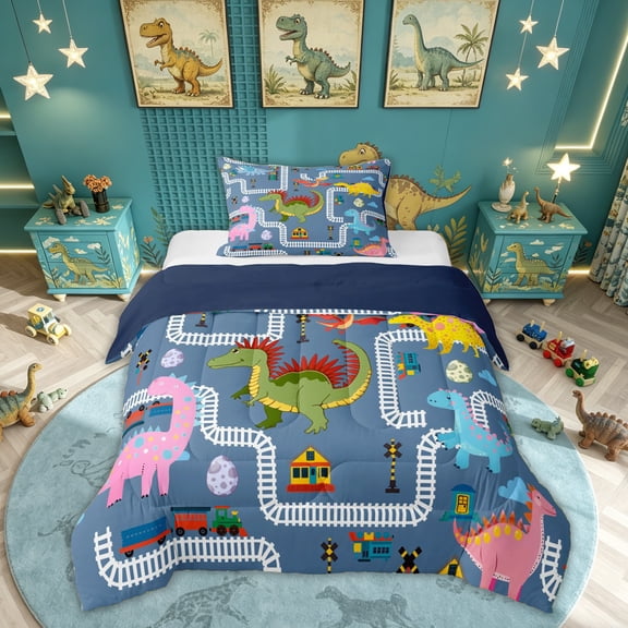 Feelyou Train Track Dinosaur Twin Comforter Sets for Kids Boys Girls, Railway Crossing Wildlife Bedding Set, Blue, Blue Reversible, 2pcs