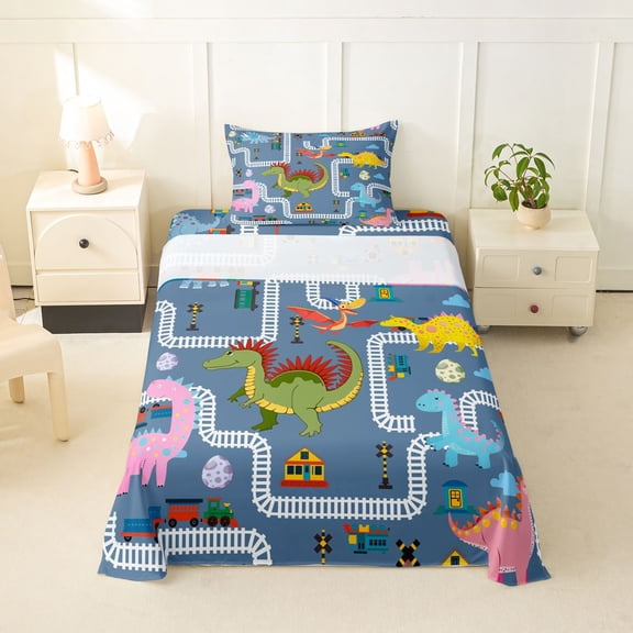 Feelyou Train Track Dinosaur Twin Sheet Sets for Kids Boys Girls, Railway Crossing Wildlife Bedding, Blue, 3pcs