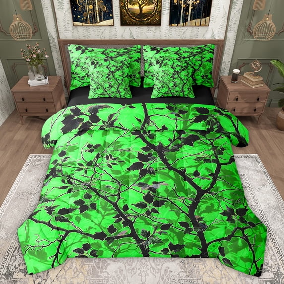 Feelyou Tree Branches Kids Bedding Comforter Set 7pcs, Green Plant Botanical King Bedding Sets, Rustic Farmhouse Reversible Bed Sheets, Luxury Bedroom Decor