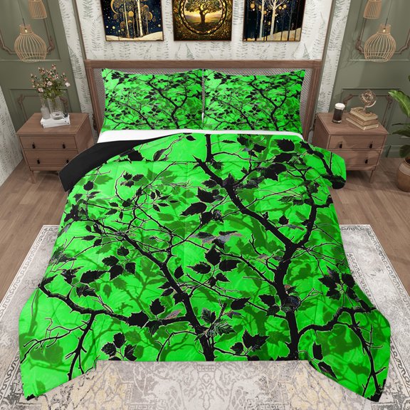Feelyou Tree Branches Kids Queen Comforter Set, Green Plant Botanical Bedding Sets, Rustic Farmhouse Reversible Bedding Comforter Set, Luxury Bedroom Decor, 3-Piece