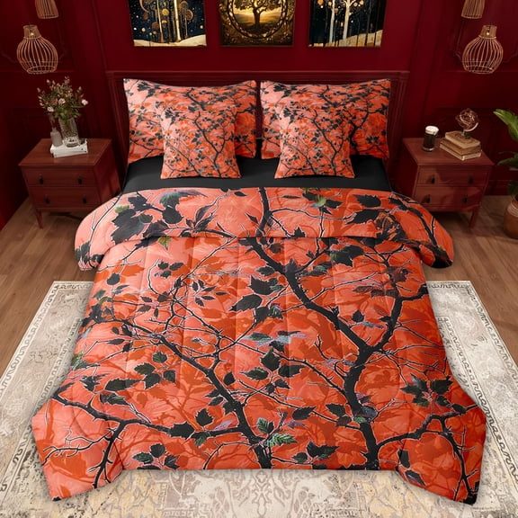 Feelyou Tree Branches Kids Twin Bedding Sets 7-Piece, Orange Plant Botanical Bedding Comforter Set, Rustic Farmhouse Reversible Sheet Sets, Ultra Soft Bedroom Decor