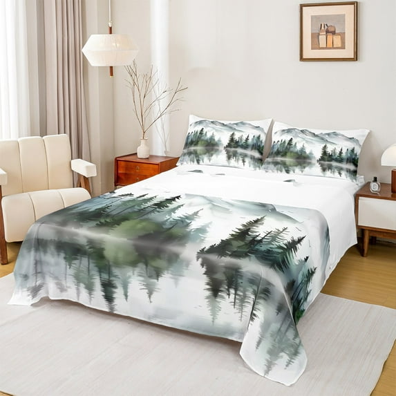 Feelyou Tree Plant Botanial Bed Sheets, Jungle Mountain King Sheets, Vintage Watercolor Art Sheet Set, Ultra Soft Home Decor, 4-Piece