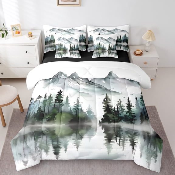 Feelyou Tree Plant Botanial Bedding Comforter Set 7 Pieces, Jungle Mountain Full Bedding Set, Vintage Watercolor Art Reversible Fitted Sheet Flat Sheet, Ultra Soft Home Decor