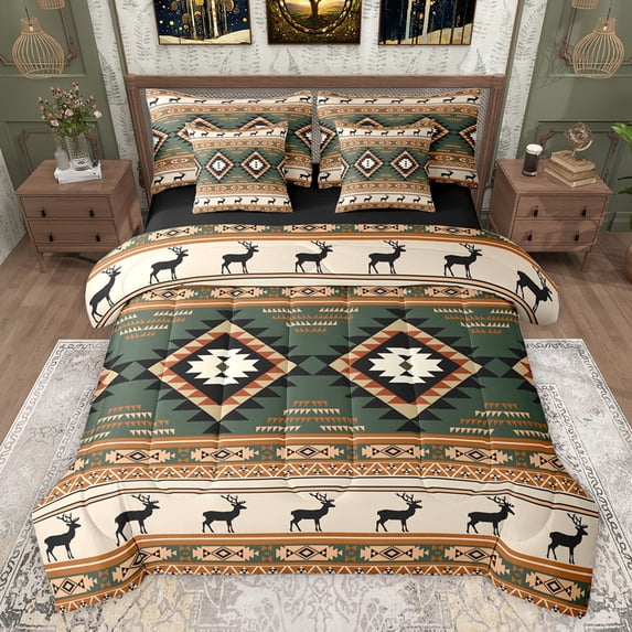 Feelyou Triangle Aztec Women Bedding Comforter Set 7pcs, Hippie Deer Animal Queen Bedding Sets, Western Cowgirl Cowboy Reversible Queen Sheet Sets, Luxury Bedroom Decor