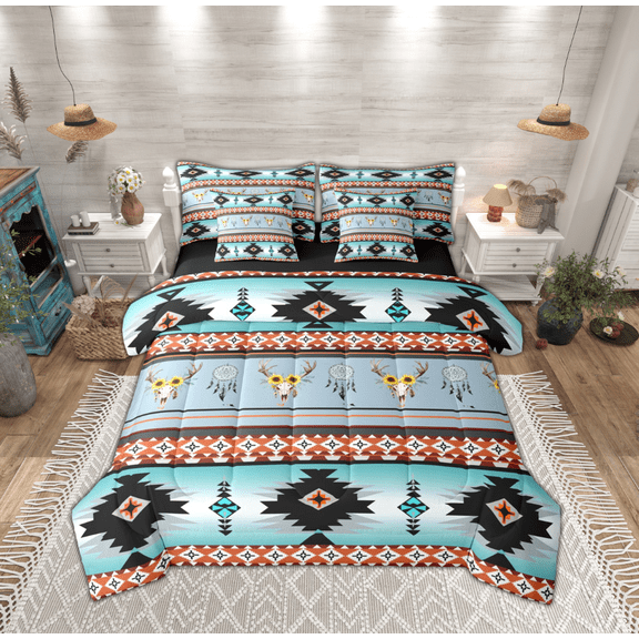 Feelyou Tribal Aztec Adult Bedding Comforter Set 7-Piece, Grey Cyan Triangle Geometric King Bedding Sets, Hippie Sheep Skeleton Reversible Bed Sheets, Luxury Bedroom Decor