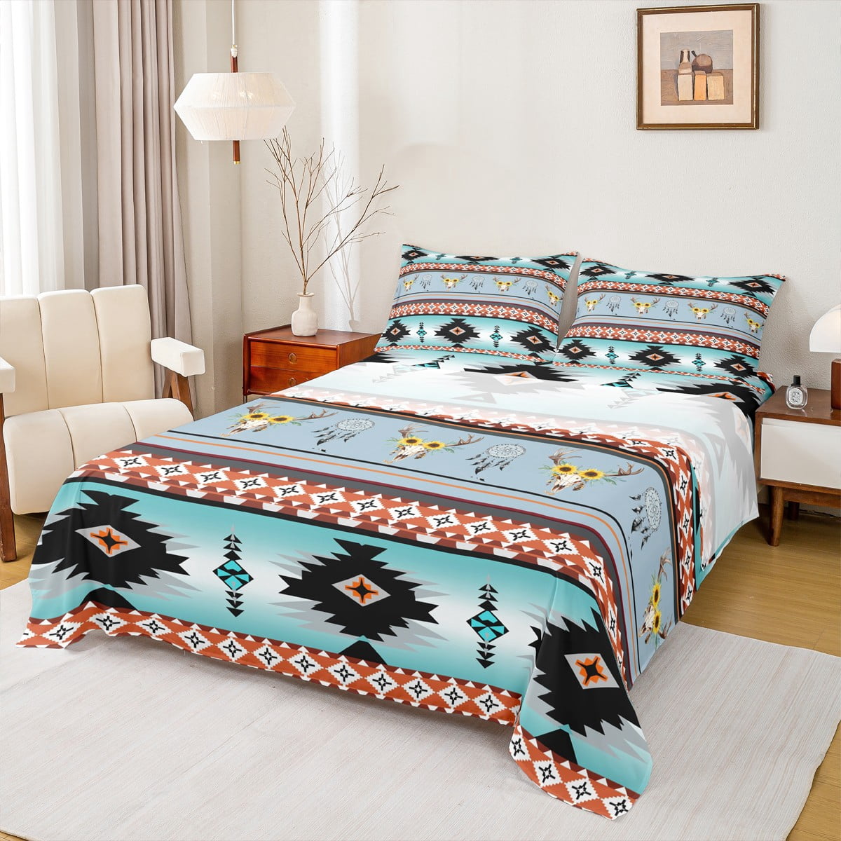 Feelyou Tribal Aztec Adult Full Size Sheets, Grey Cyan Triangle ...