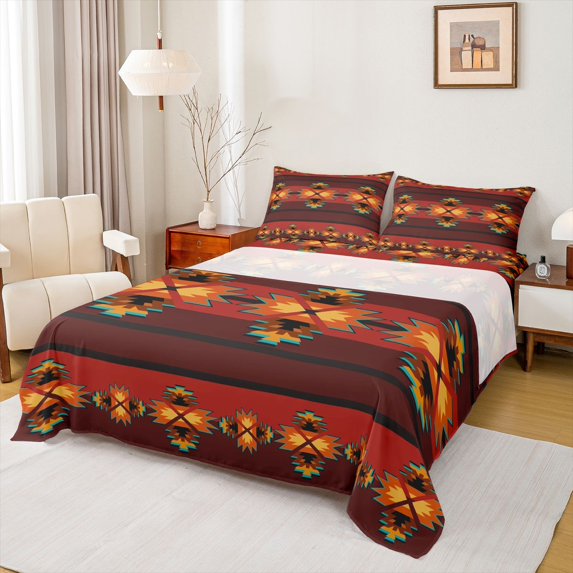 Feelyou Tribal Aztec Women Queen Sheet Sets, Western Bohemian Theme Bed Set, 4pcs