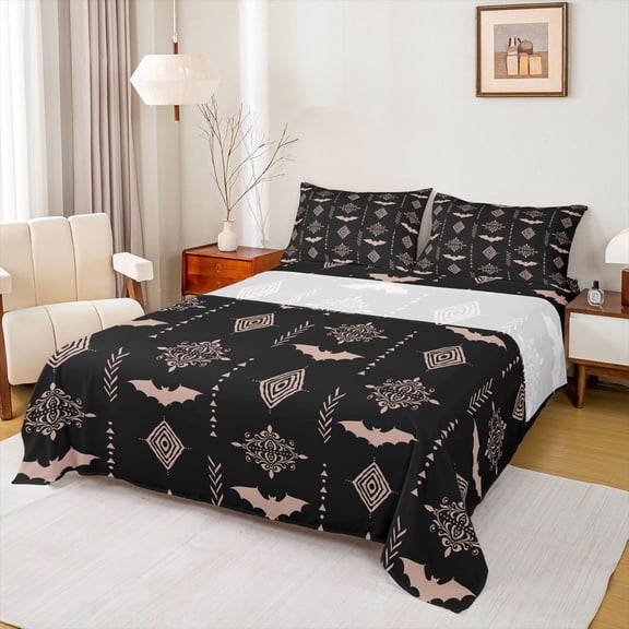 Feelyou Tribal Bat Animal Bed Sheets, Bohemian Western Aztec King Sheets, 4 Pieces
