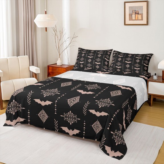 Feelyou Tribal Bat Animal Twin Sheet Sets, Bohemian Western Aztec Bedding, 3 Pieces