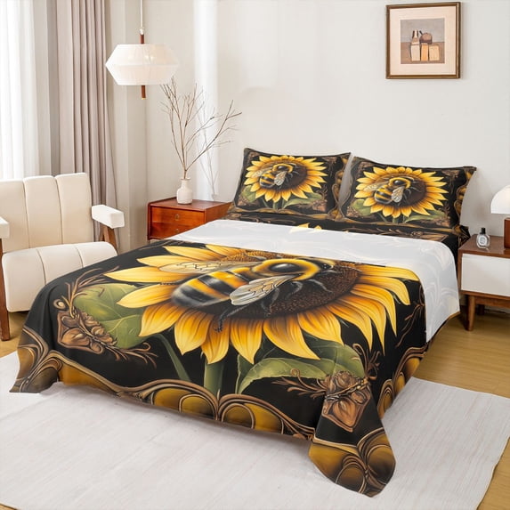 Feelyou Tribal Bee Animal Queen Sheet Sets, Rustic Sunflower Bed Set, 4 Pieces