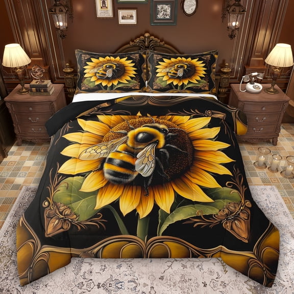 Feelyou Tribal Bee Animal Twin Comforter Sets, Rustic Sunflower Bedding Set, 2 Pieces