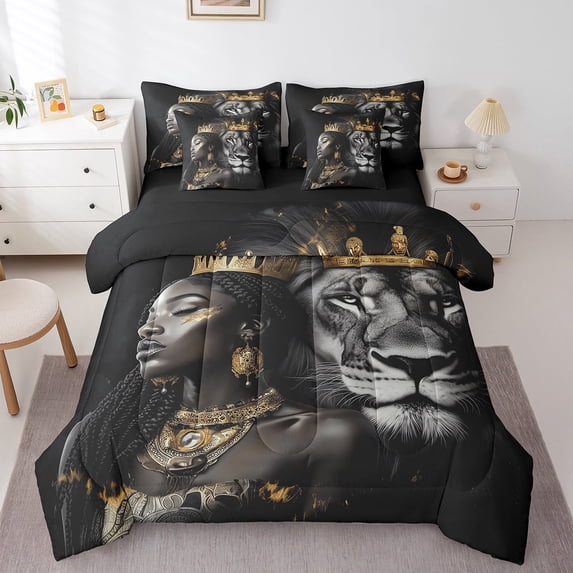 Feelyou Tribal Black Princess Bedding Comforter Set 7-Piece, Wildlife Lion King King Bedding Sets, Southwestern Bohemian Style Reversible Bed Sheets, Luxury Bedroom Decor