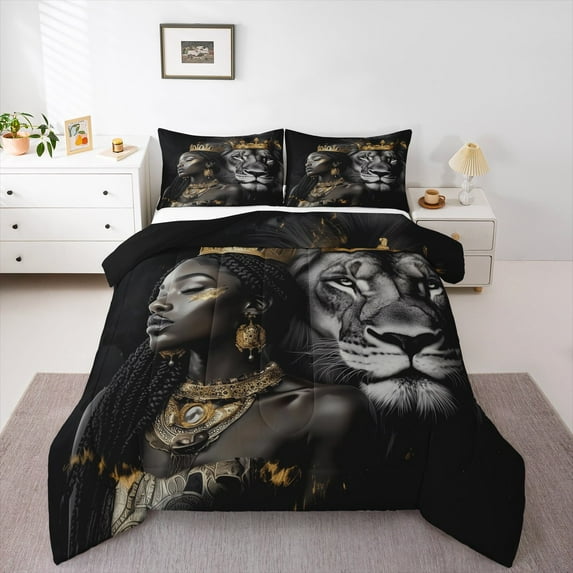 Feelyou Tribal Black Princess Bedding Comforter Set, Wildlife Lion King Twin Comforter Sets, Southwestern Bohemian Style Reversible Bedding Set, Luxury Bedroom Decor, 2pcs
