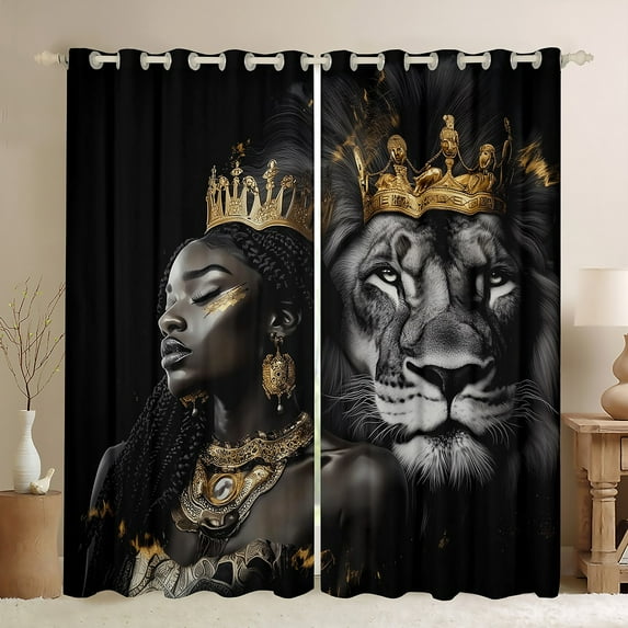 Feelyou Tribal Black Princess Black Out Curtains, Wildlife Lion King Curtains Pack of 2 (42x63 Each), Southwestern Bohemian Style Bedroom Curtains, Black Out Curtains Decor