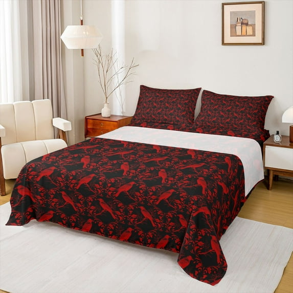 Feelyou Tribal Bohemian Damask Full Size Sheets, Red Gothic Crow Bed Sheets, 4-Piece