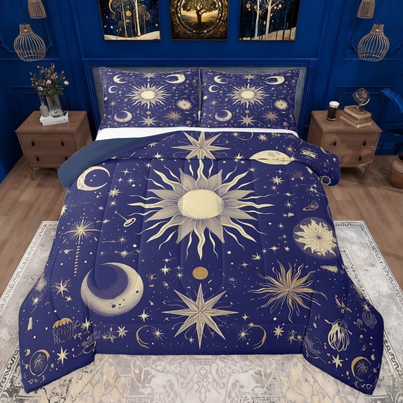 Feelyou Tribal Bohemian Sun Bedding Comforter Set for Kids, Blue Gold Galaxy Sky Twin Comforter Sets, Mystic Stars Moon Reversible Bedding Set, Luxury Bedroom Decor, 2 Pieces