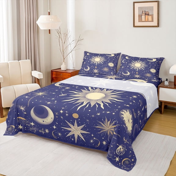 Feelyou Tribal Bohemian Sun Twin Sheet Sets for Kids, Blue Gold Galaxy Sky Twin Fitted Sheet, Mystic Stars Moon Flat Sheet, Luxury Bedroom Decor, 3 Pieces