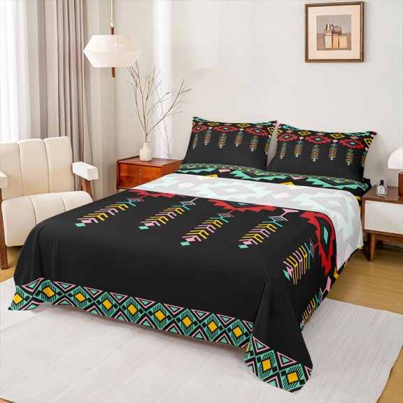 Feelyou Tribal Boho Aztec Bed Sheets for Adult, Retro Western Fashion King Sheets, Black Teal Triangle Sheet Set, Breathable Home Decor, 4pcs