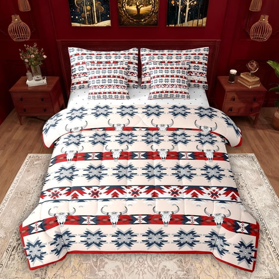 Feelyou Tribal Boho Aztec Comforter Set 7pcs, Rustic Sheep Skull Queen Bedding Sets