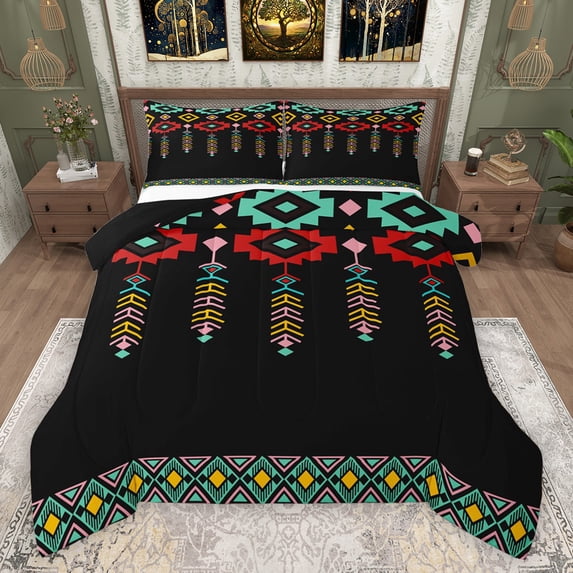 Feelyou Tribal Boho Aztec Queen Comforter Set for Adult, Retro Western Fashion Bedding Sets, Black Teal Triangle Reversible Bedding Comforter Set, Breathable Home Decor, 3pcs
