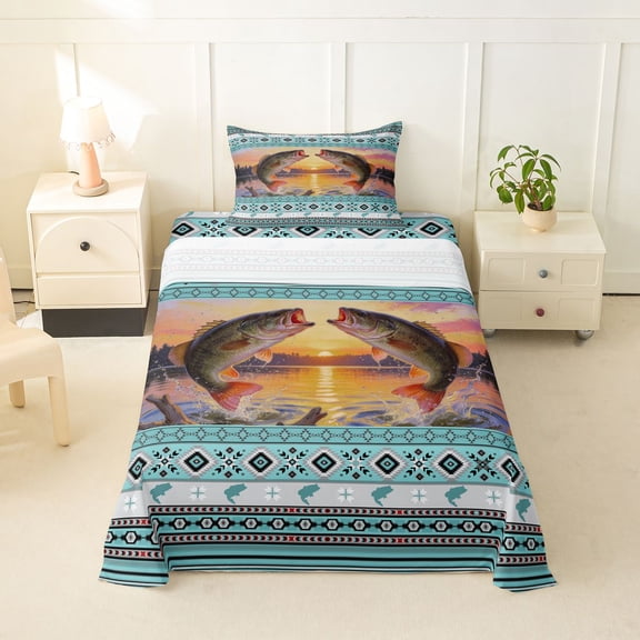 Feelyou Tribal Border Largemouth Bass Twin Sheet Sets for Men, Lake Forest Fishing Marine Bedding, Turquoise, 3pcs