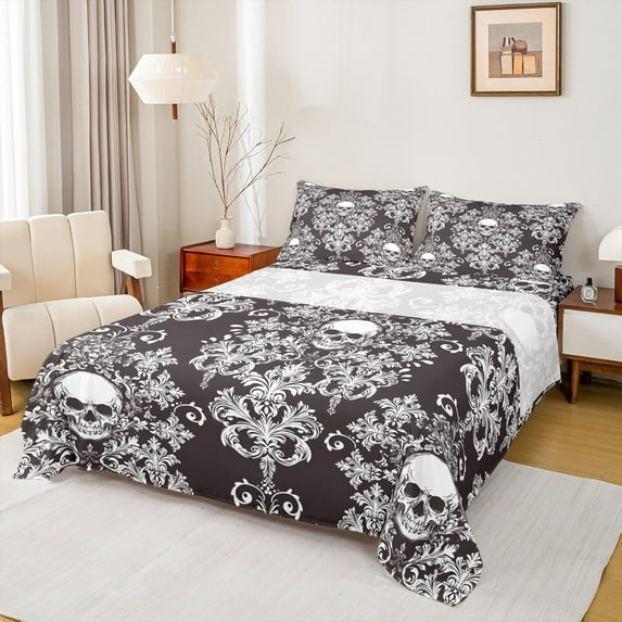 Feelyou Tribal Brown Damask Twin Sheet Sets for Women, Gothic Hippie Skeleton Twin Fitted Sheet, Retro Bohemian Style Flat Sheet, Lightweight Room Decor, 3-Piece