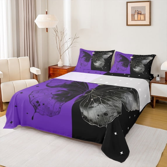 Feelyou Tribal Butterfly Animal Bed Sheets, Psychedelic Stars Galaxy King Sheets, Black Purple Sheet Set, Breathable Home Decor, 4 Pieces