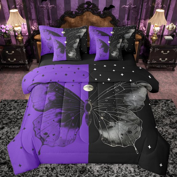 Feelyou Tribal Butterfly Animal Bedding Comforter Set 7 Pieces, Psychedelic Stars Galaxy Full Bedding Set, Black Purple Reversible Fitted Sheet Flat Sheet, Breathable Home Decor
