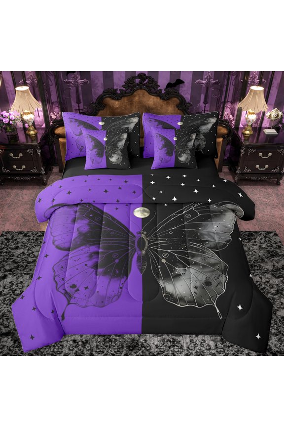 Tribal Butterfly Animal Bedding Comforter Set 7pcs, Psychedelic Stars Galaxy King Bedding Sets, Black Purple Reversible Bed Sheets, Breathable Home Decor