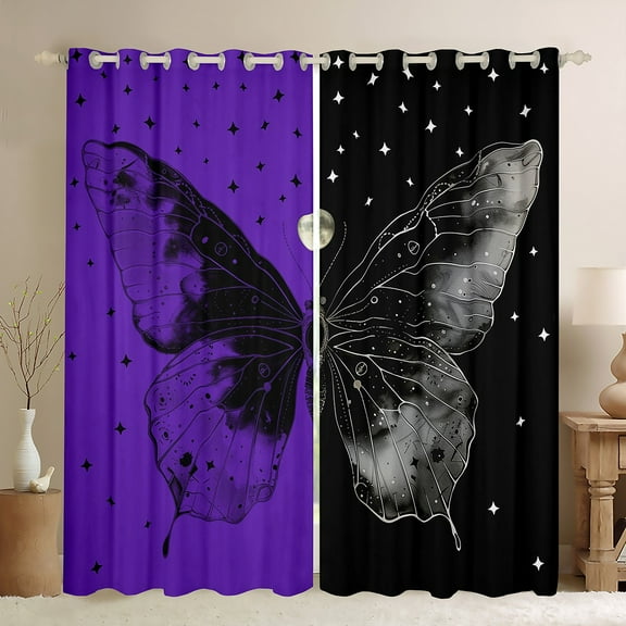 Feelyou Tribal Butterfly Animal Black Out Curtains, Psychedelic Stars Galaxy Curtains Pack of 2 (42x63 Each), Black Purple Bedroom Curtains, Living Room Curtains Decor