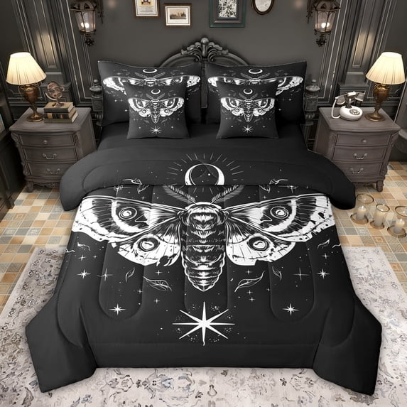 Feelyou Tribal Butterfly Moth Bedding Comforter Set 7pcs, Bohemian Stars Galaxy King Bedding Sets, Black White Cartoon Reversible Bed Sheets, Breathable Home Decor