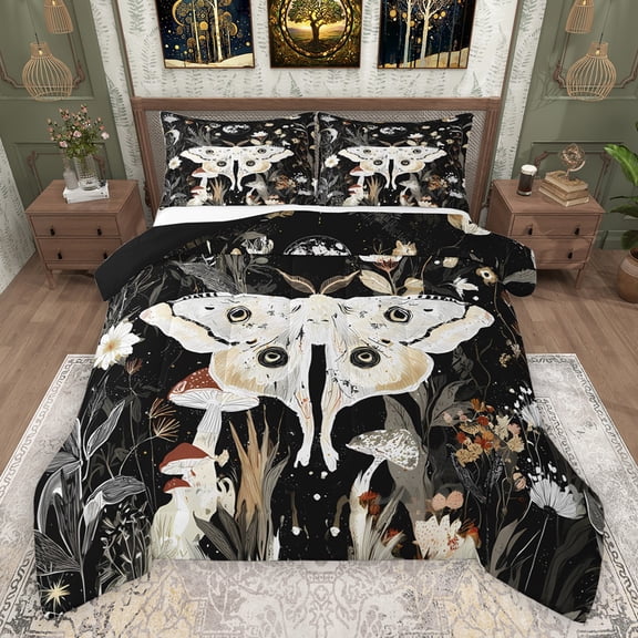 Feelyou Tribal Butterfly Queen Comforter Set, Jungle Mushroom Plant Bedding Sets, Psychedelic Galaxy Moon Reversible Bedding Comforter Set, Super Cozy Room Decor, 3pcs