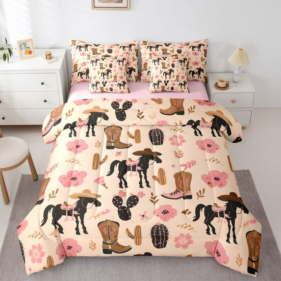 Feelyou Tribal Cowgirl Horse Bedding Comforter Set 7pcs, Blossoms Cactus King Bedding Sets