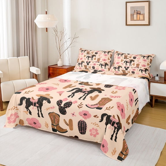 Feelyou Tribal Cowgirl Horse Full Size Sheets, Blossoms Cactus Bed Sheets, 4pcs