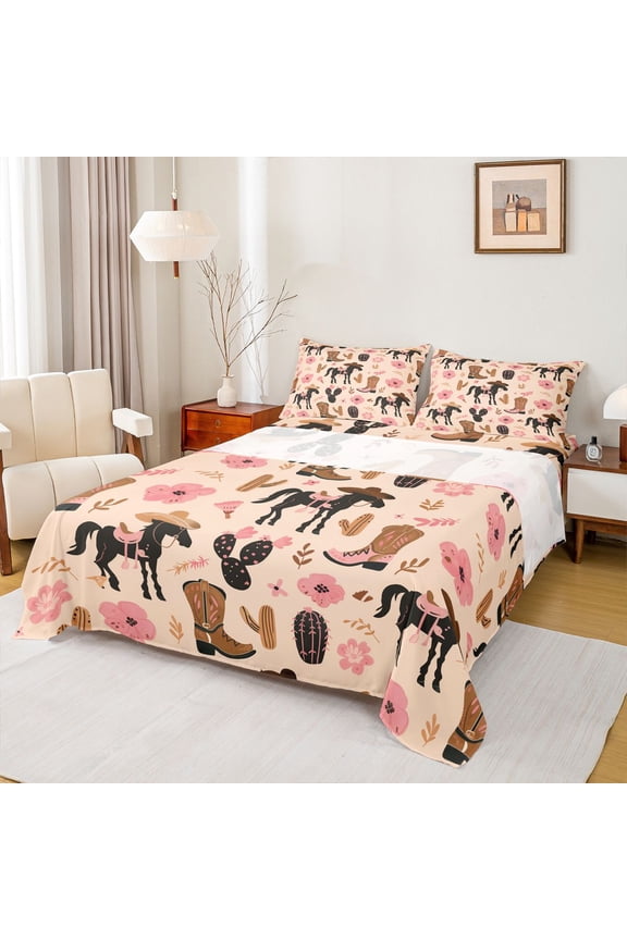 Tribal Cowgirl Horse Full Size Sheets, Blossoms Cactus Bed Sheets, 4pcs