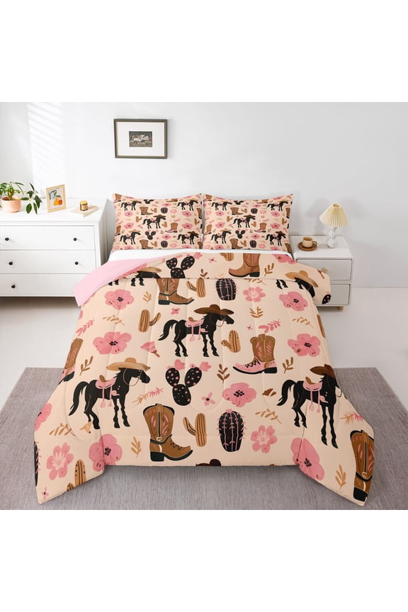 Tribal Cowgirl Horse Twin Comforter Sets, Blossoms Cactus Bedding Set, 2pcs