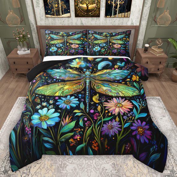 Feelyou Tribal Dragonfly Queen Comforter Set, Rustic Groovy Daisy Bedding Set, 3pcs