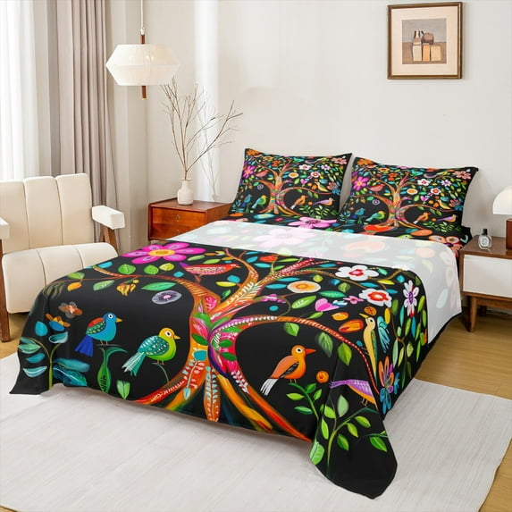 Feelyou Tribal Life Tree Bed Sheets, Bohemian Flower Floral King Sheets, Cartoon Bird Sheet Set, Microfiber Bedroom Decor,4 Pieces