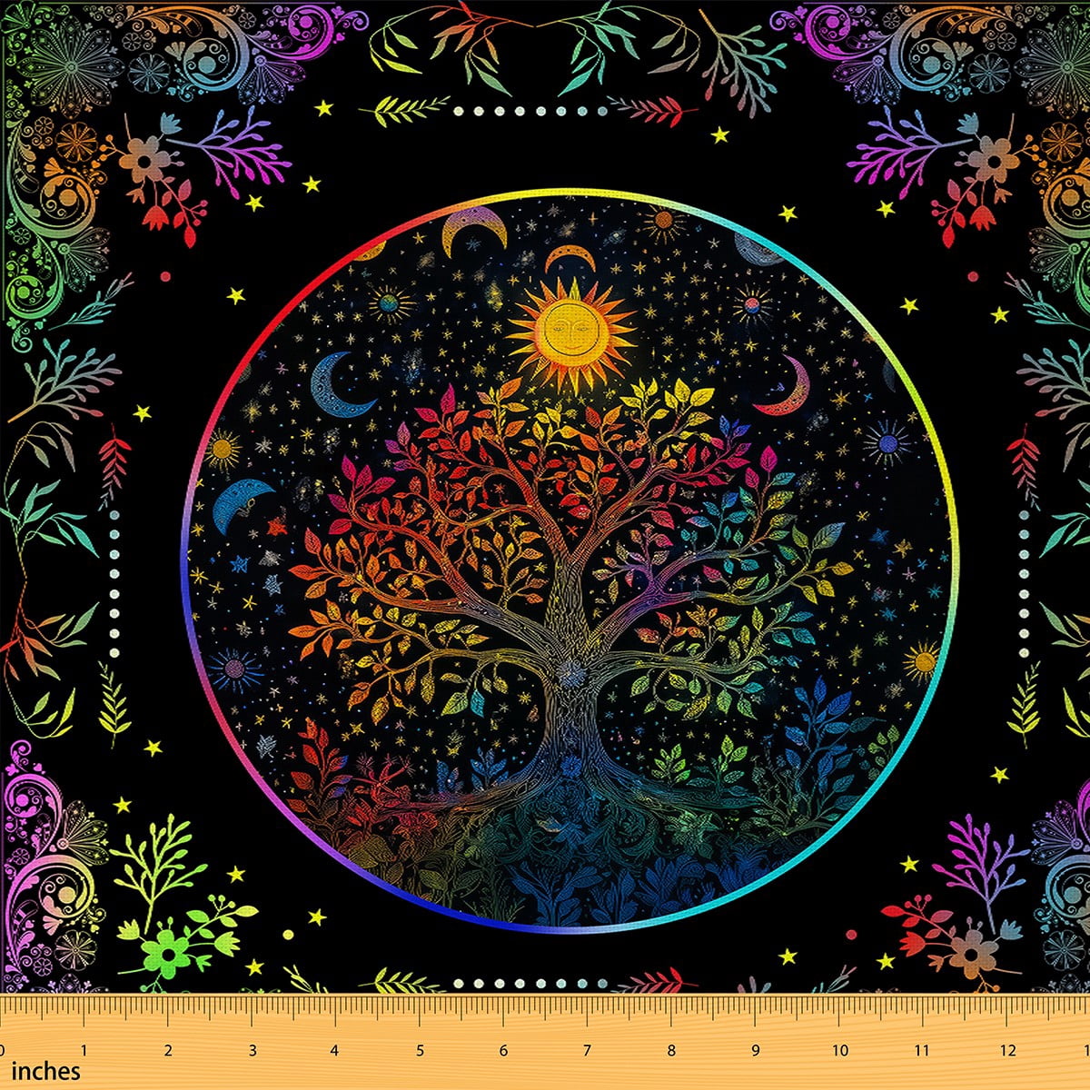 Feelyou Tribal Life Tree Fabric by the Yard 5 Yards, Psychedelic Galaxy Moon Sewing Fabric, Hippie Damask Bohemian Home Decor Fabric by the Yard, Super Cozy Room Decor