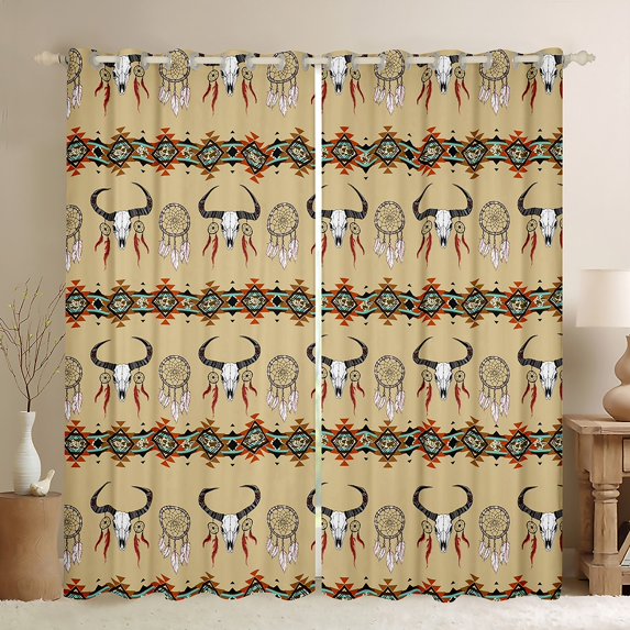 Feelyou Tribal Sheep Skeleton Black Out Curtains, Wheat Bohemian Aztec Curtains Pack of 2 (42x63 Each), Vintage Dream Catcher Bedroom Curtains, Curtains and Drapes Decor