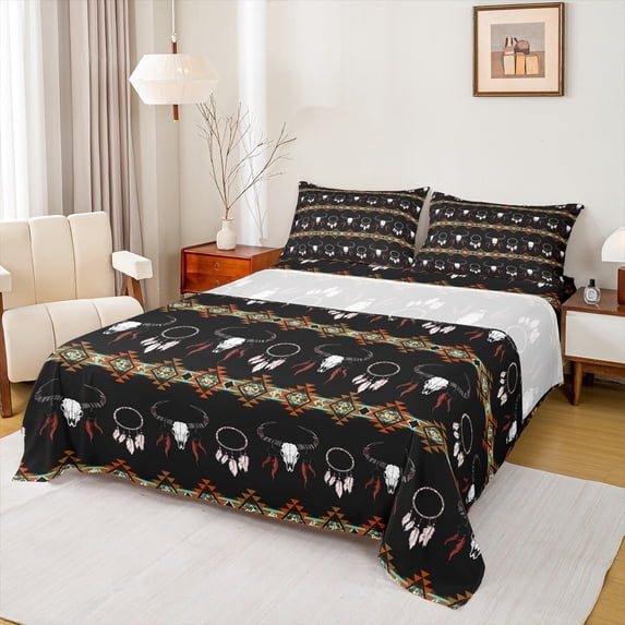 Feelyou Tribal Sheep Skeleton Full Size Sheets, Black Bohemian Aztec Bed Sheets, Vintage Dream Catcher Sheet Sets, Microfiber Bedroom Decor, 4 Pieces