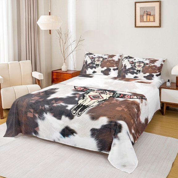 Feelyou Tribal Sheep Skeleton Full Size Sheets, Fashion Cow Print Bed Sheets, Bohemian Western Style Sheet Sets, Ultra Soft Bedroom Decor, 4-Piece