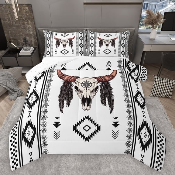 Feelyou Tribal Sheep Skeleton Queen Comforter Set, Bohemian Western Aztec Bedding Sets, Vintage Fashion Theme Reversible Bedding Comforter Set, Breathable Home Decor, 3 Pieces
