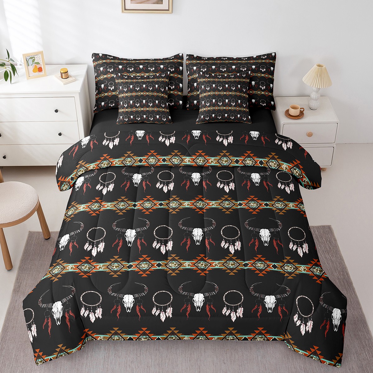 Reversible Sheets Feelyou Tribal Sheep Skeleton Twin Bedding Sets 7-Piece, Black Bohemian ...