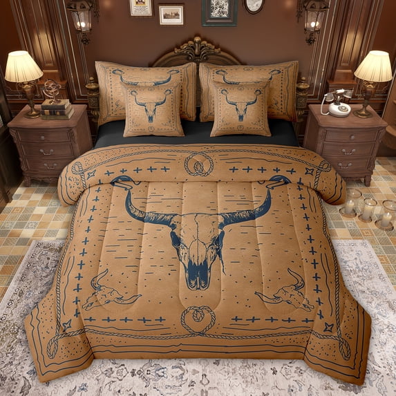 Feelyou Tribal Sheep Skull Bedding Comforter Set 7 Pieces for Teen, Bohemian Western Style Full Bedding Set, Rustic Farmhouse Reversible Fitted Sheet Flat Sheet, Luxury Bedroom Decor