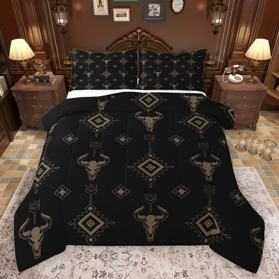 Feelyou Tribal Sheep Skull Bedding Comforter Set for Teen, Hippie Aztec Abstract Twin Comforter Sets, Cowgirl Cowboy Reversible Bedding Set, Luxury Bedroom Decor, 2 Pieces
